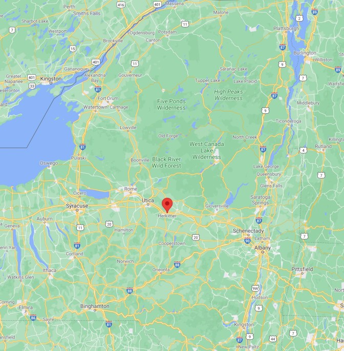 Map of New York state, with red pin in location of Herkimer.
