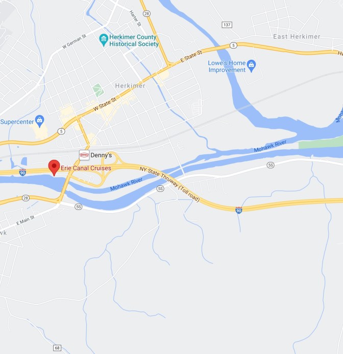 Map of Herkimer along Mohawk River, with red pin in location of Erie Canal Cruises.
