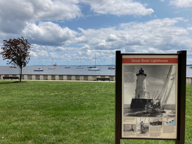 Sign with description of Great Beds Lighthouse.