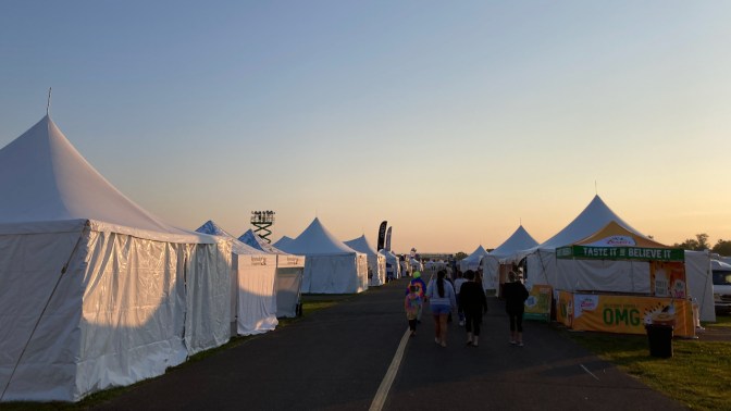 Walkway through closed vendors stalls.