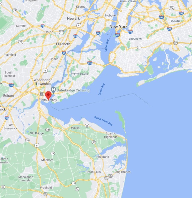 Map of central New Jersey and New York City, with red pin in location of Perth Amboy.