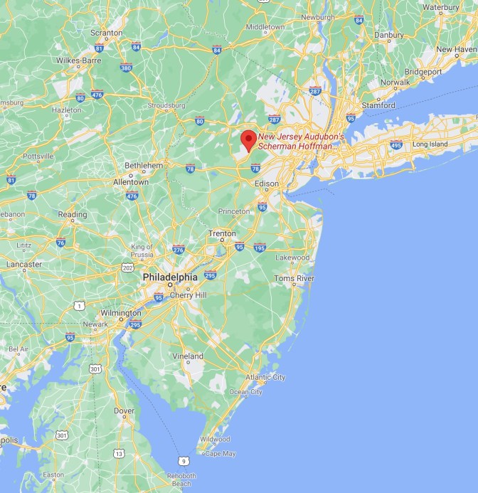 Map of New Jersey with red pin in location of New Jersey Audubon's Scherman Hoffman Wildlife Sanctuary.
