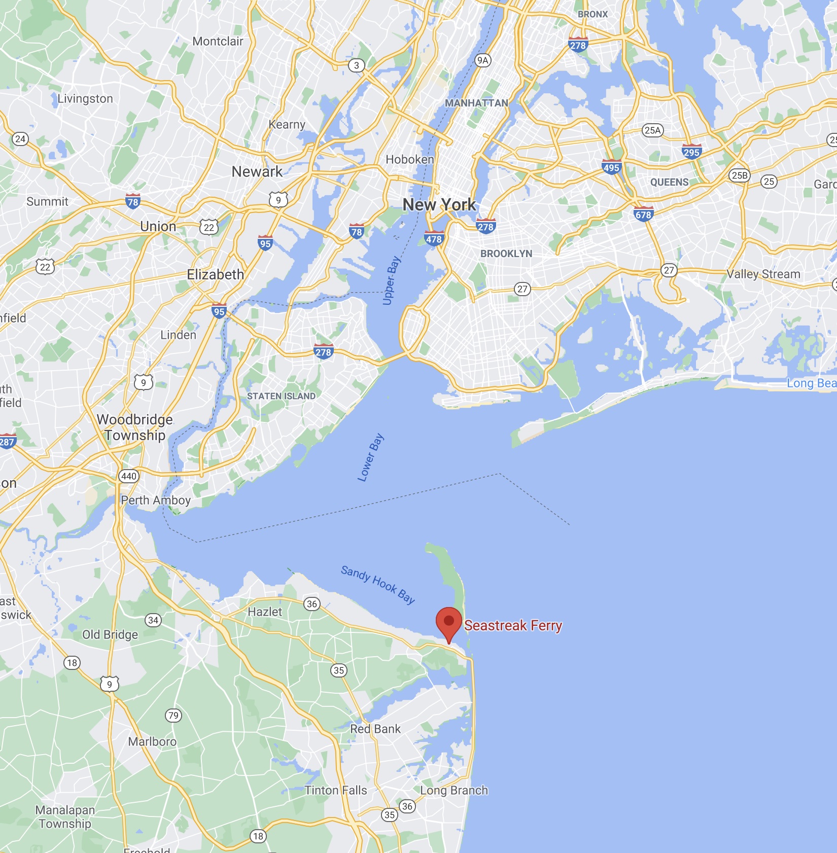Map of eastern shore of NJ along Sandy Hook Bay and Lower Bay. A red pin is in the location of Highlands, NJ.