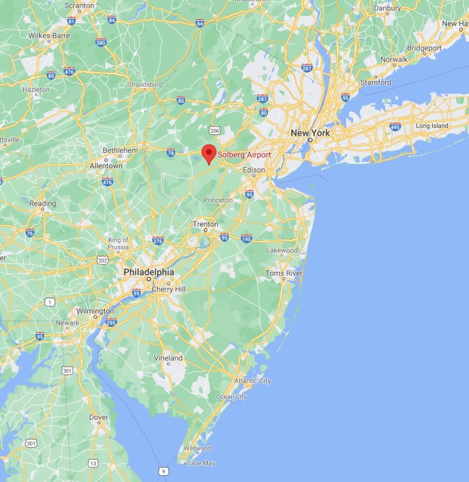 Map of NJ with red pin in location of Solberg Airport.