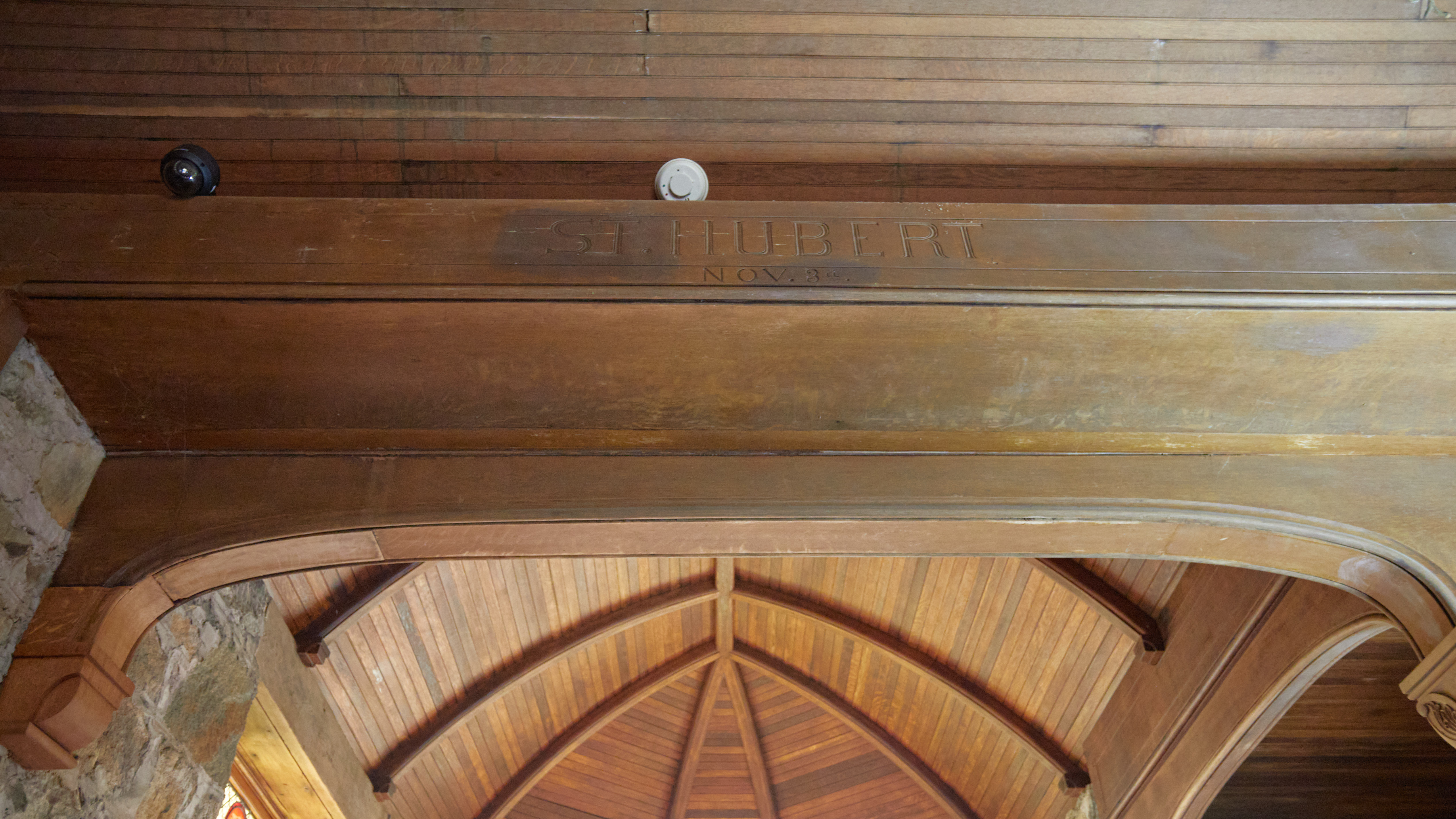 Ceiling, with words ST. HUBERT NOVE 3RD inscribed in beam.