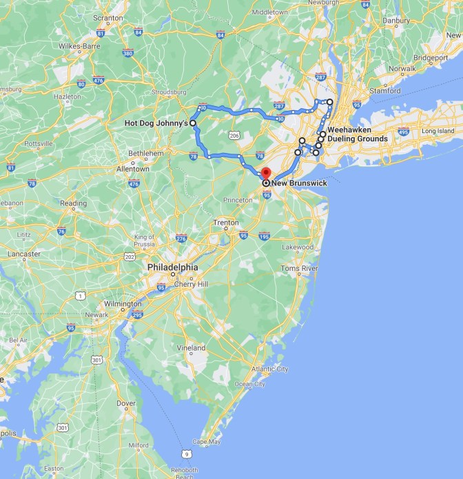 Map of New Jersey, with blue route running from New Brunswick, north to Weehawken, up to Demarest, and over to Hot Dog Johny's in Belvedere.