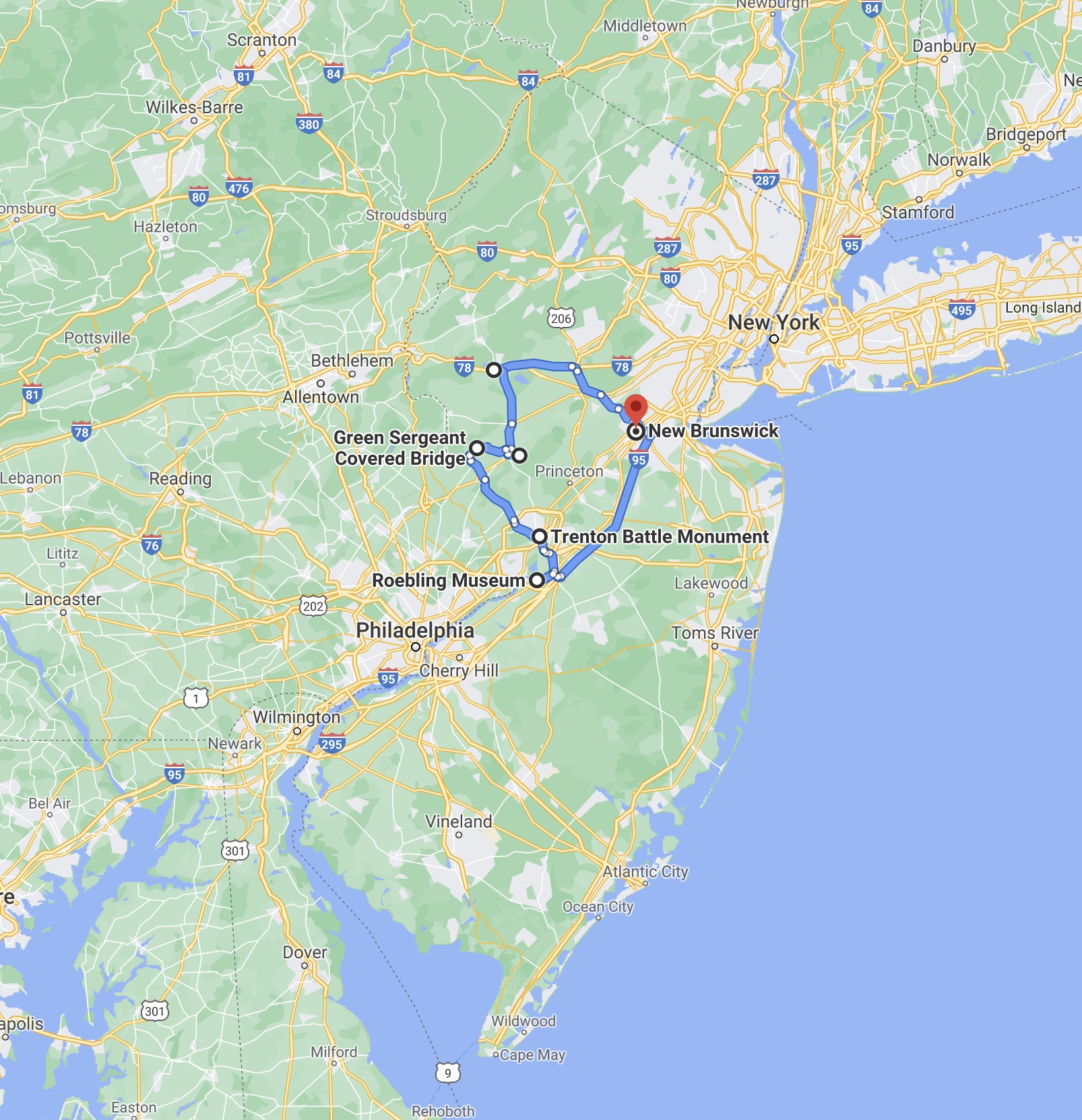 Map of New Jersey with pins for New Brunswick, Green Sergeant Covered Bridge, Roebling Museum, and Trenton Battle Monument.