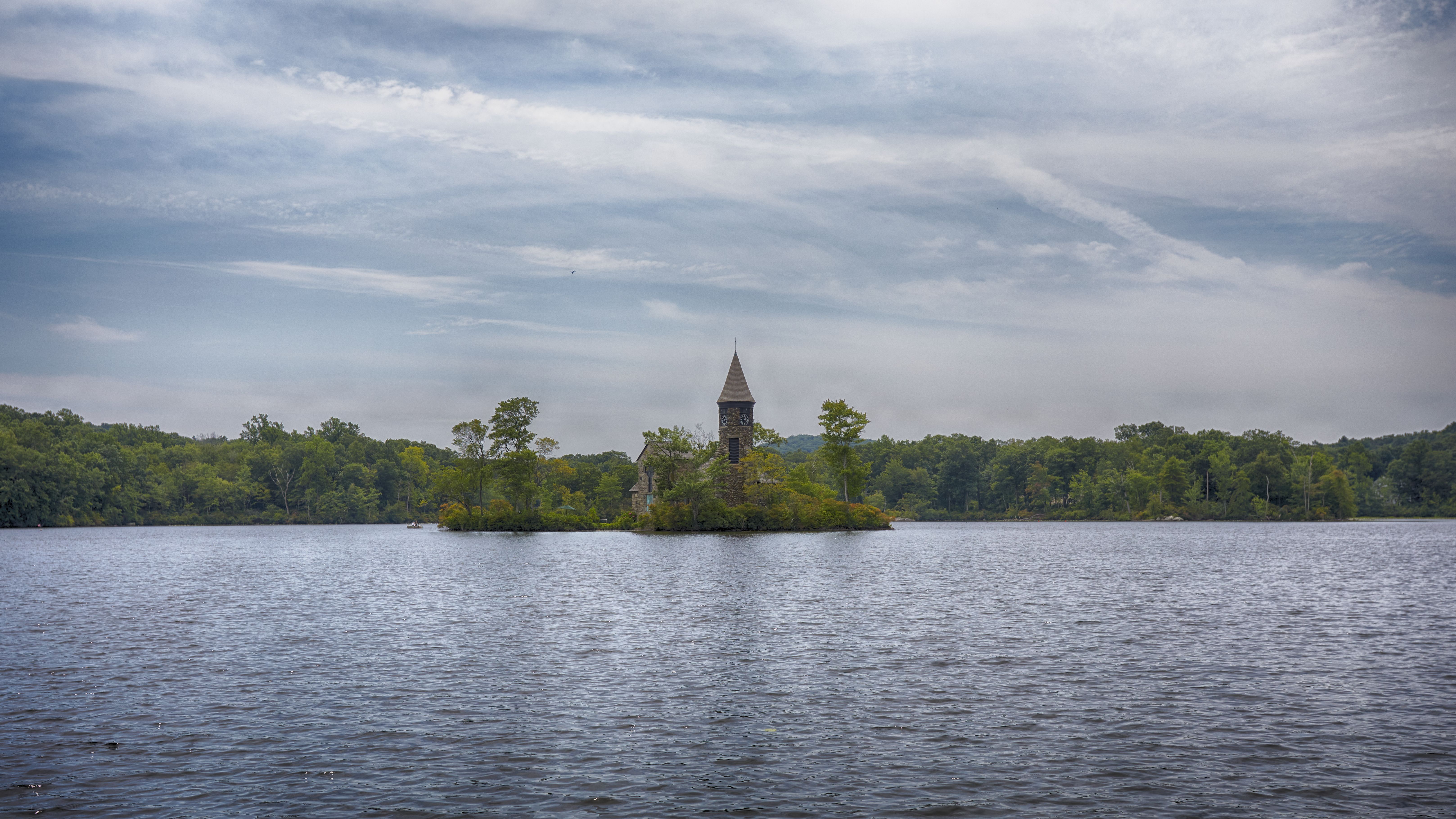 View of St. Hubert's Chapel across lake.