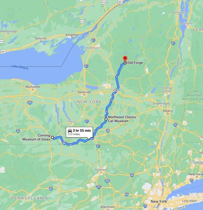 Map of New York state, with blue route line running from the Corning Museum of Glass to Old Forge in the Adirondacks.