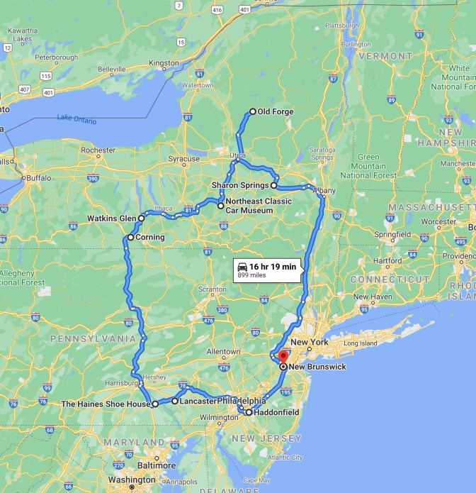 Map route from New Jersey, through Pennsylvania, to Old Forge, New York, and back to New Jersey.