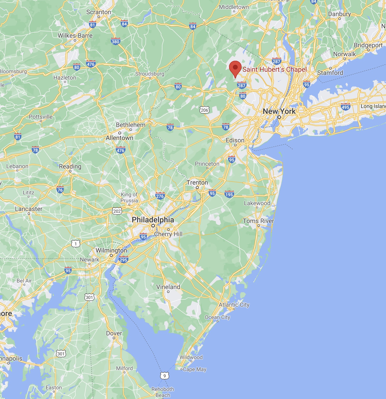 Map of New Jersey with red pin in location of Saint Hubert's Chapel.