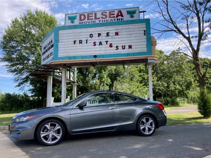 Delsea Movie Theater Drive-In entrance, with 2012 Honda Accord parked in front.