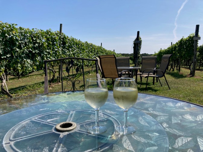 Two glasses of wine on glass table, with vineyards in background.