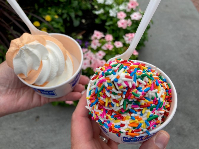 Two cups of custard - one an orange/vanilla swirl, the other vanilla with jimmies.