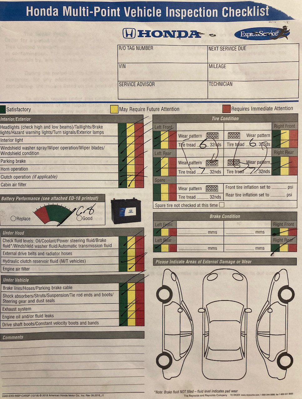 Vehicle inspection report with green marks on all fields.