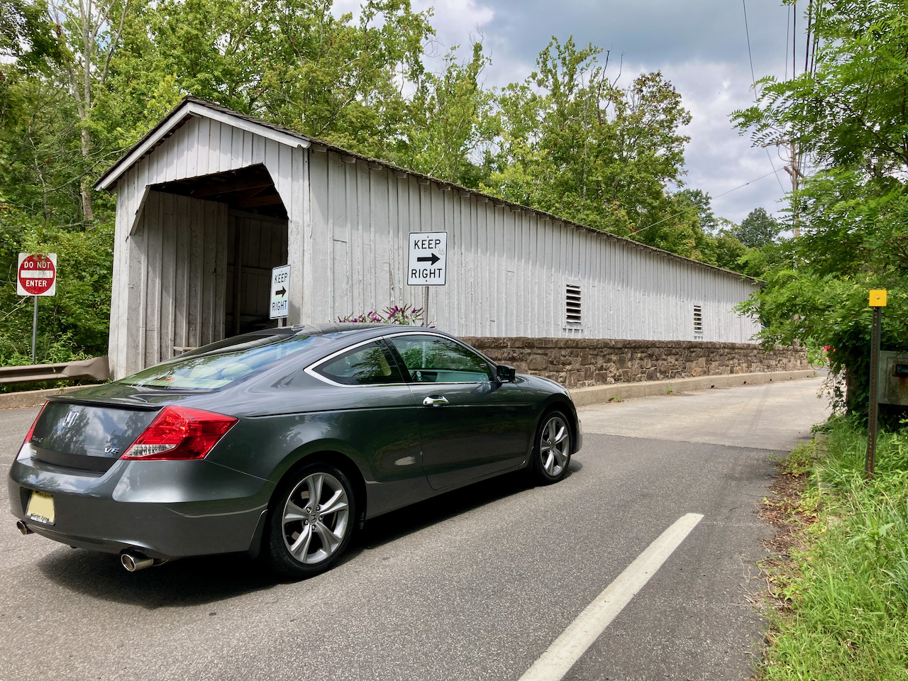 2012 Honda Accord coupe parked in front of Green Sergeant's Covered Bridge.
