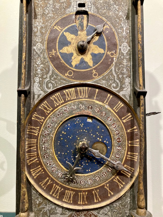Chamber Clock with two dials: one for time, the other for lunar cycles.