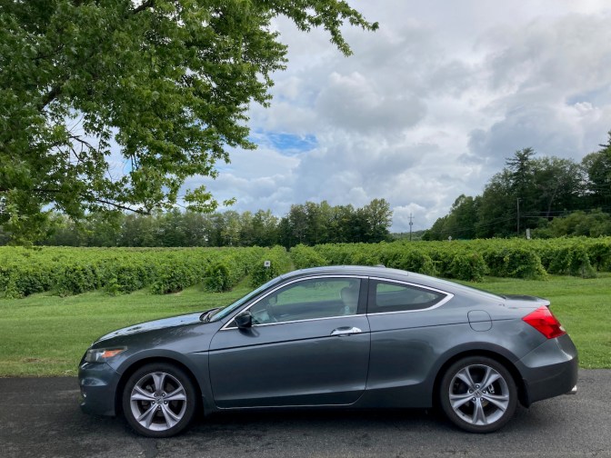 2012 Honda Accord parked in front of vineyard.