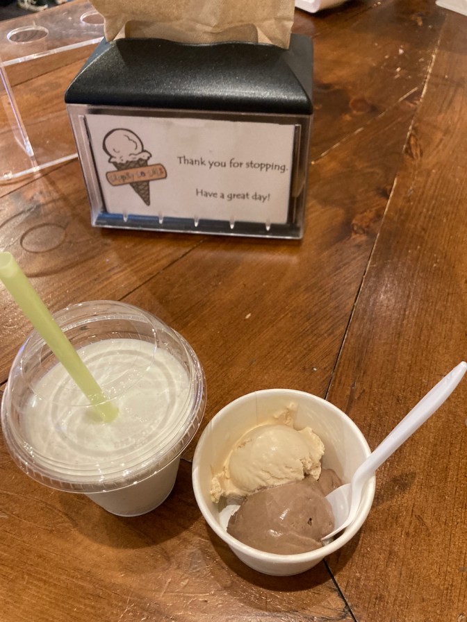 Milkshake, and small dish of ice cream, on counter.