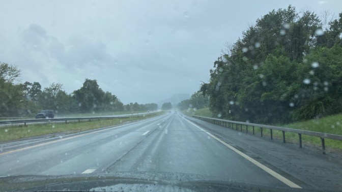 View of New York Thruway through rainstorm.