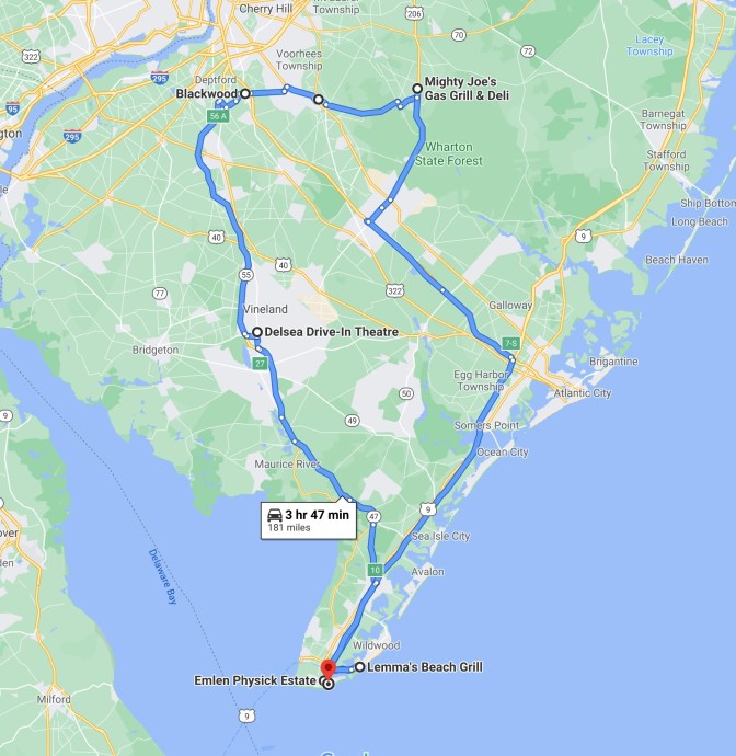 Map of southern New Jersey with blue route line running from Cape May to Delsea, Blackwood, Shamong, and Wildwood.