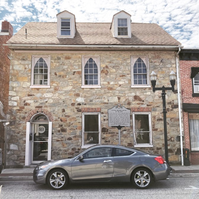 2012 Honda Accord parked in front of stone house that was wedding chapel.