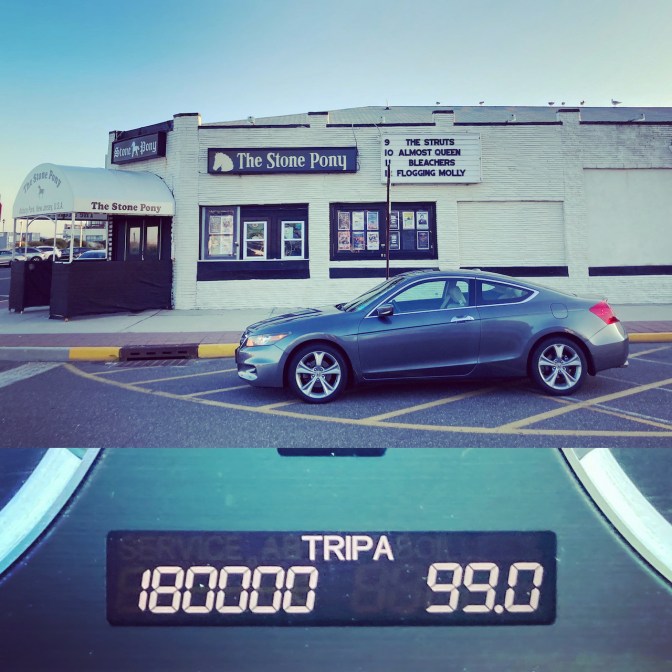 2012 Honda Accord parked in front of Stone Pony, and in lower half of image is odometer reading 180000 miles.