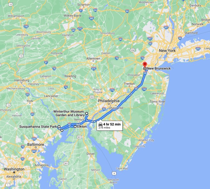 Map of New Jersey, Pennsylvania, Delaware, and Maryland, with blue route line running from New Brunswick, New Jersey to Susquehanna State Park in Maryland.