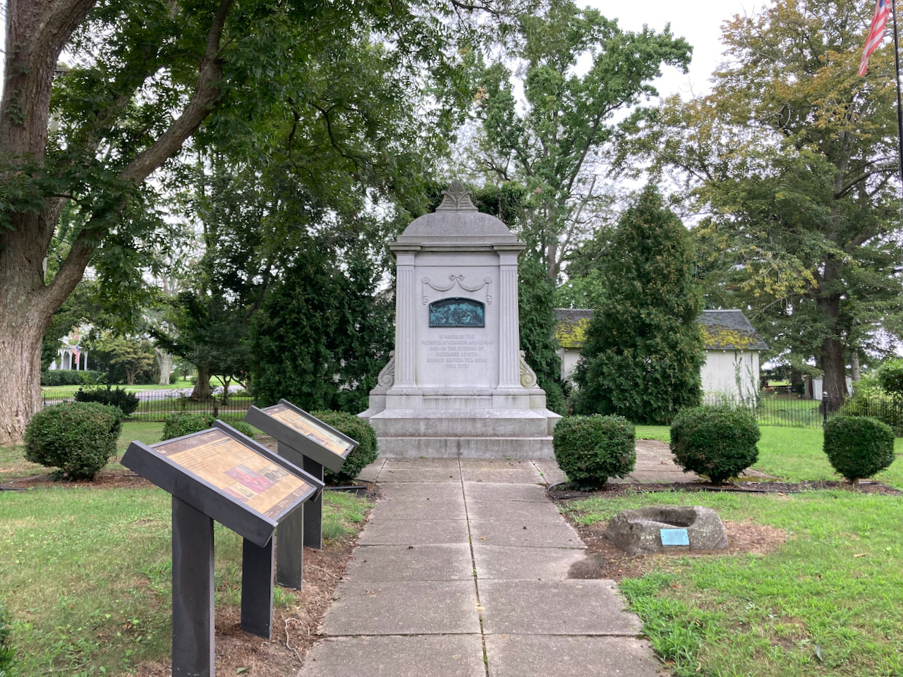 Small park with monument to NJ Tea Party.