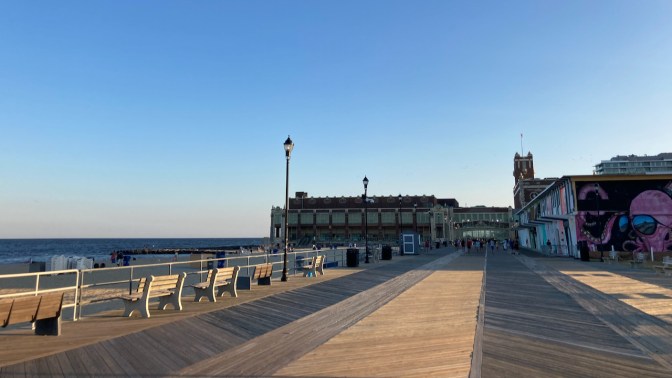 View of Asbury Park Convention Hall and Atlantic Ocean.