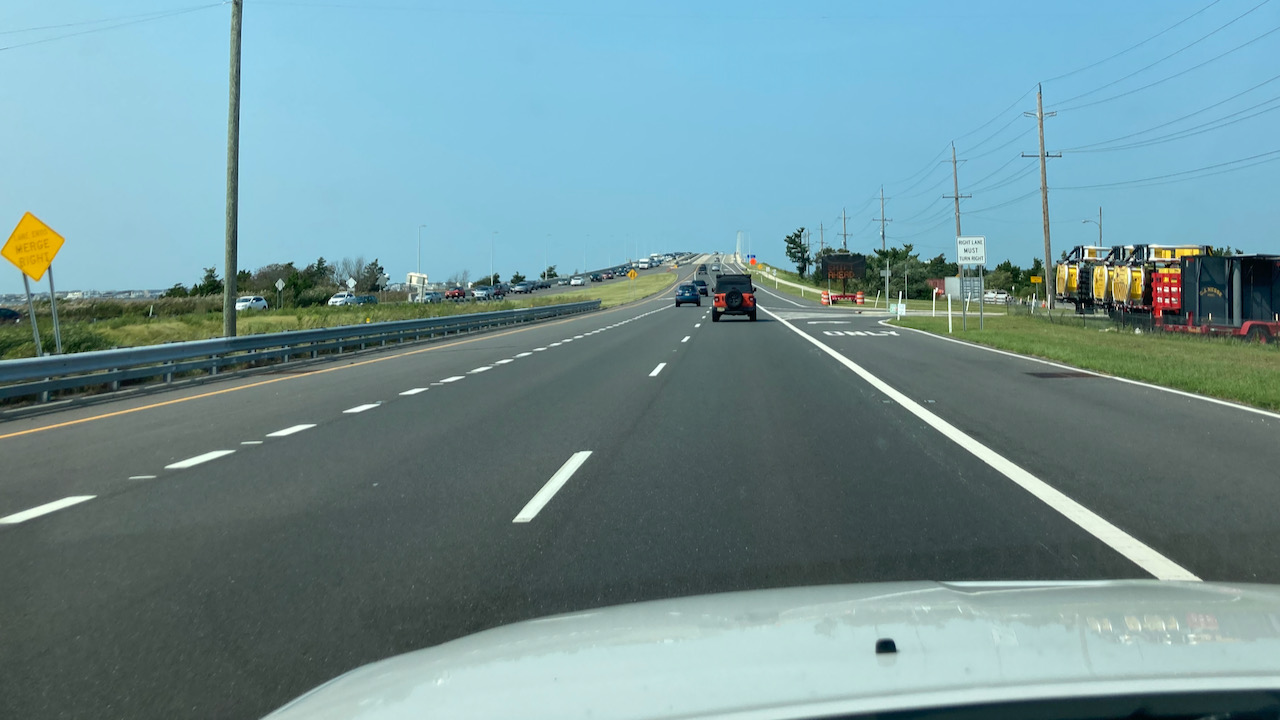 View of Route 72 bridge, with traffic in opposite side at standstill.