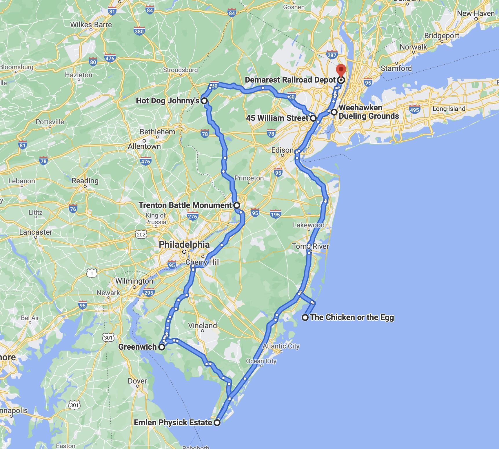 Map of New Jersey with blue route running along edges of state.
