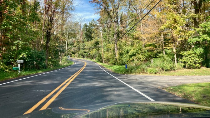 Curving road through woods.