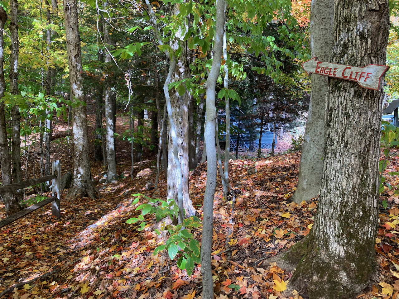 Small sign pointing toward Eagle Cliff, on tree trunk.