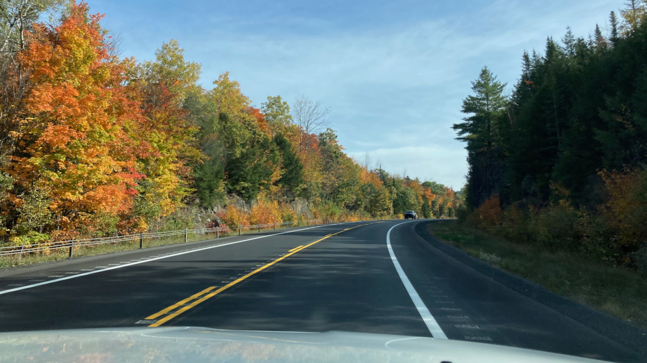 View of fall foliage along Route 28. 