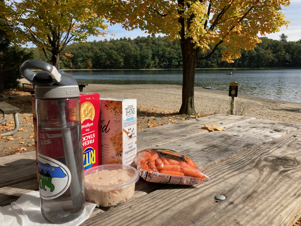 Picnic table with food, on banks of Lake Moreau. 