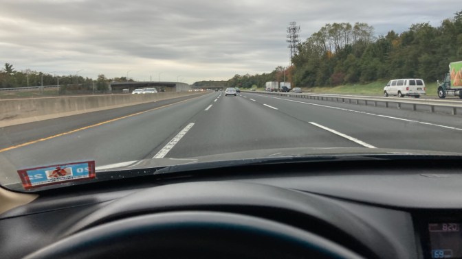 View of New Jersey Turnpike southbound on an overcast day. 