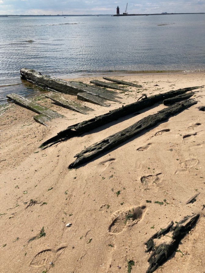 Shipwreck on beach. 