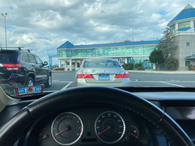 View of vehicle waiting line at ferry terminal in Lewes, Delaware. 