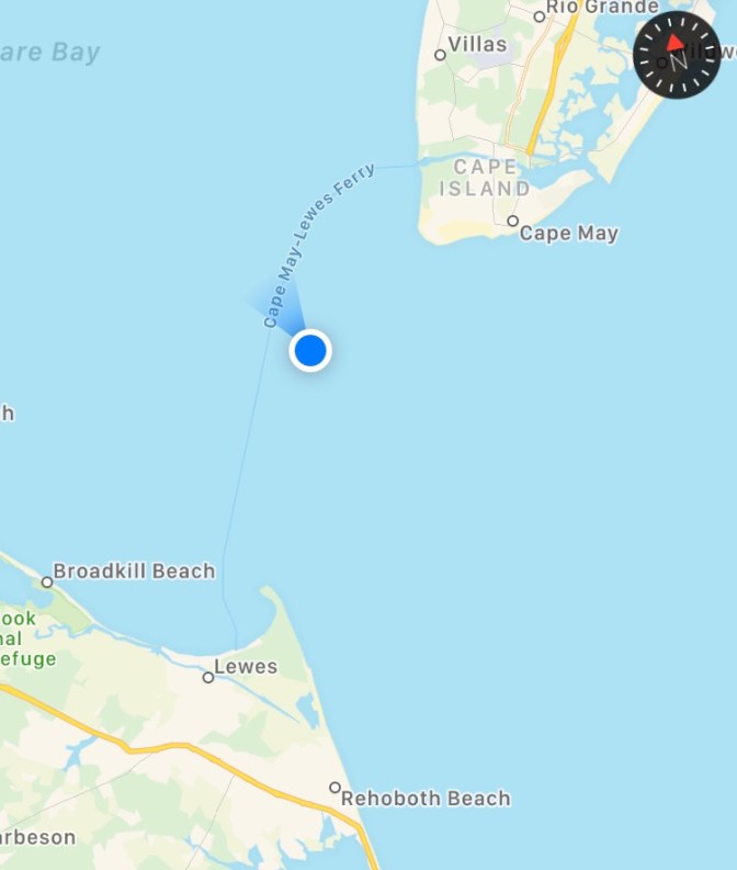 Map of Delaware Bay, with blue circle in middle indicating location. 