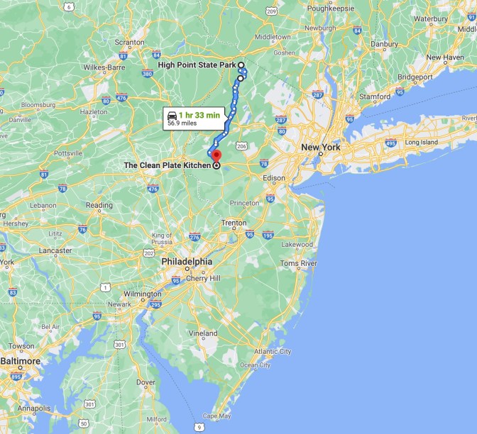 Map of New Jersey with blue route line running from High Point State Park to The Clean Plate Kitchen in Clinton, NJ.
