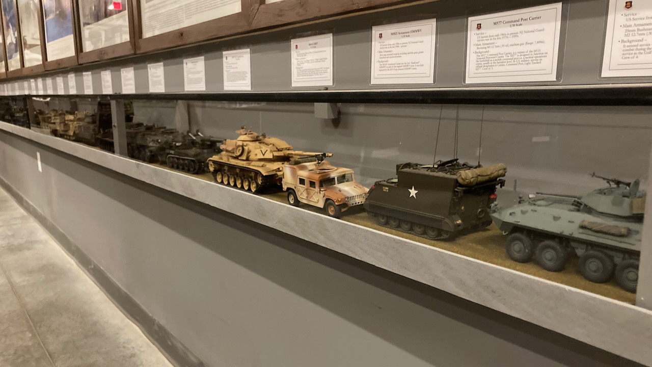 Model kits of armored vehicles in display cases