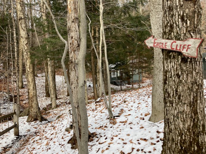 Sign on tree in shape of arrow that says EAGLE CLIFF.