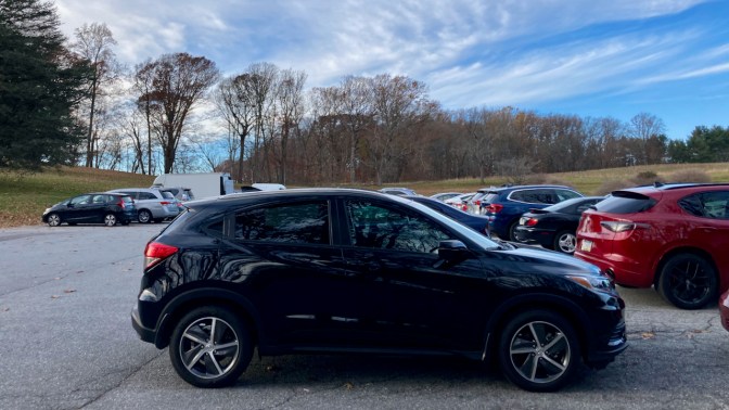 2021 Honda HR-V, in black, in parking lot.