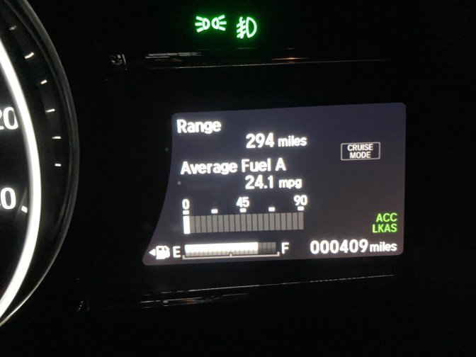 Car odometer reading 409 miles. 