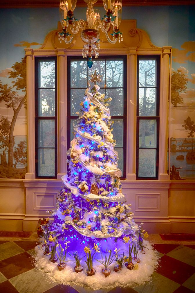 Christmas Tree, surrounded by peony flowers. 