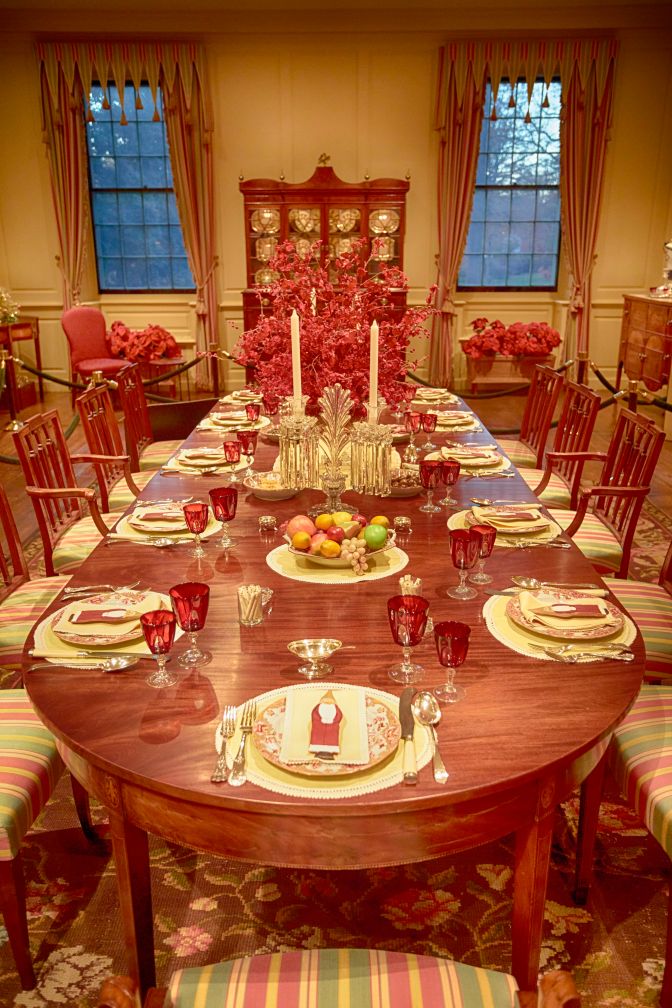 Dining room table, set for dinner, in DuPont Dining Room. 
