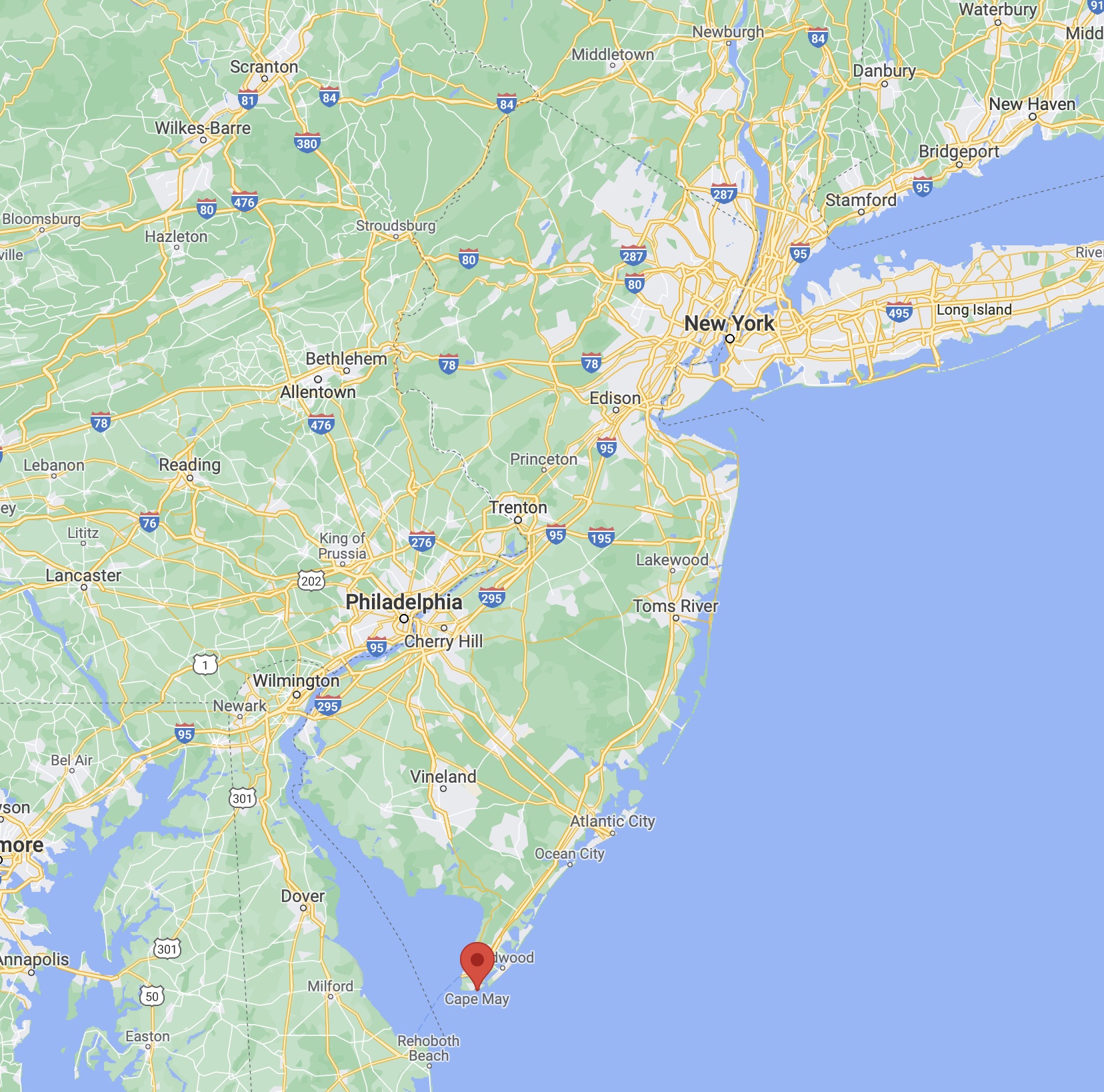 Map of New Jersey, with red pin in location of Cape May, NJ.