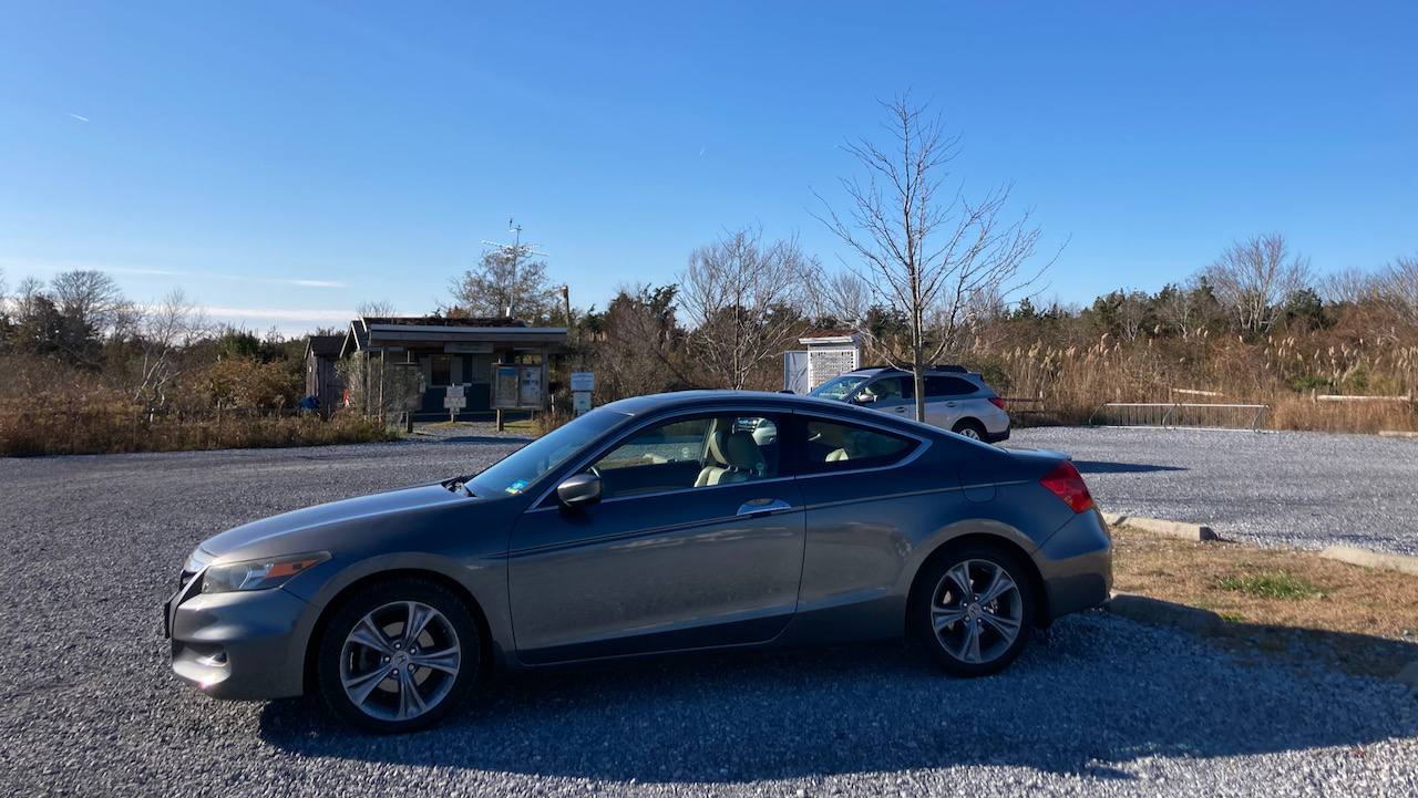 South Cape May Meadows wildlife preserve parking lot, with 2012 Honda Accord in lot.