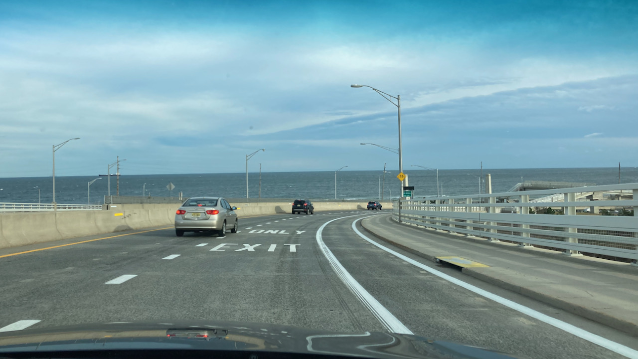 Exit Ramp from Route 36, with view of Atlantic Ocean.